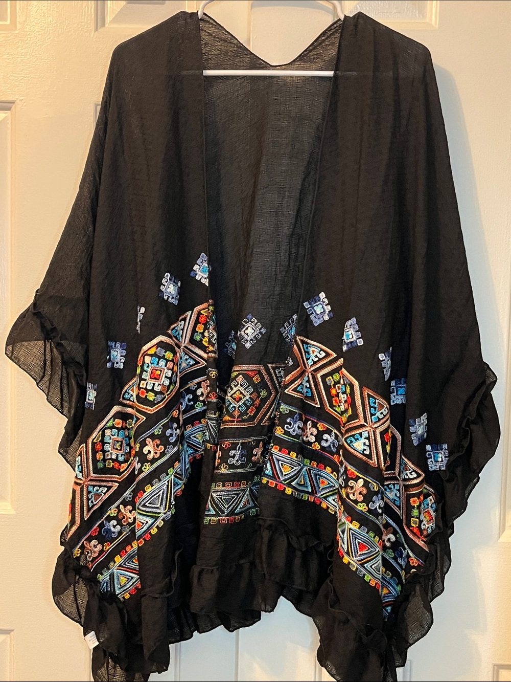 Colorful Black Kimono Open Front Cardigan Duster Geometric Design Tribal Size OS